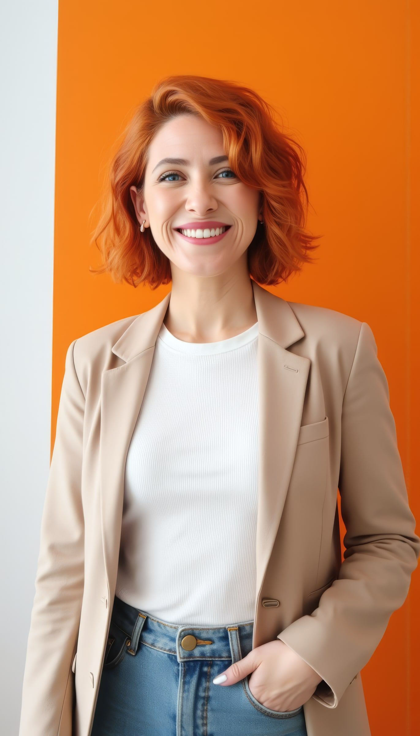 Cris M. Machín riendo, con blazer beige, delante de una pared naranja
