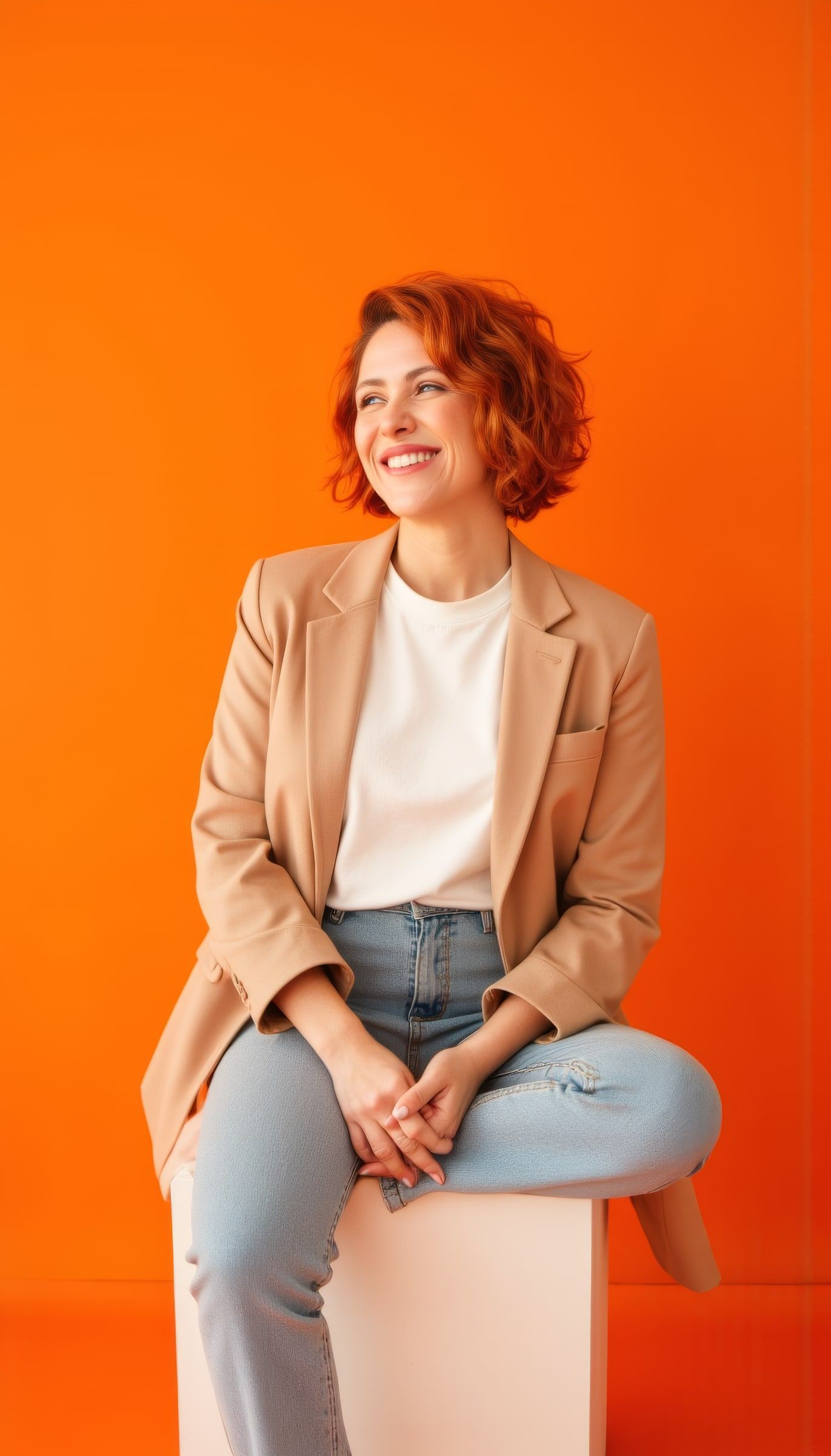 Cris sentada, sonriendo y mirando a un lado, delante de una pared naranja