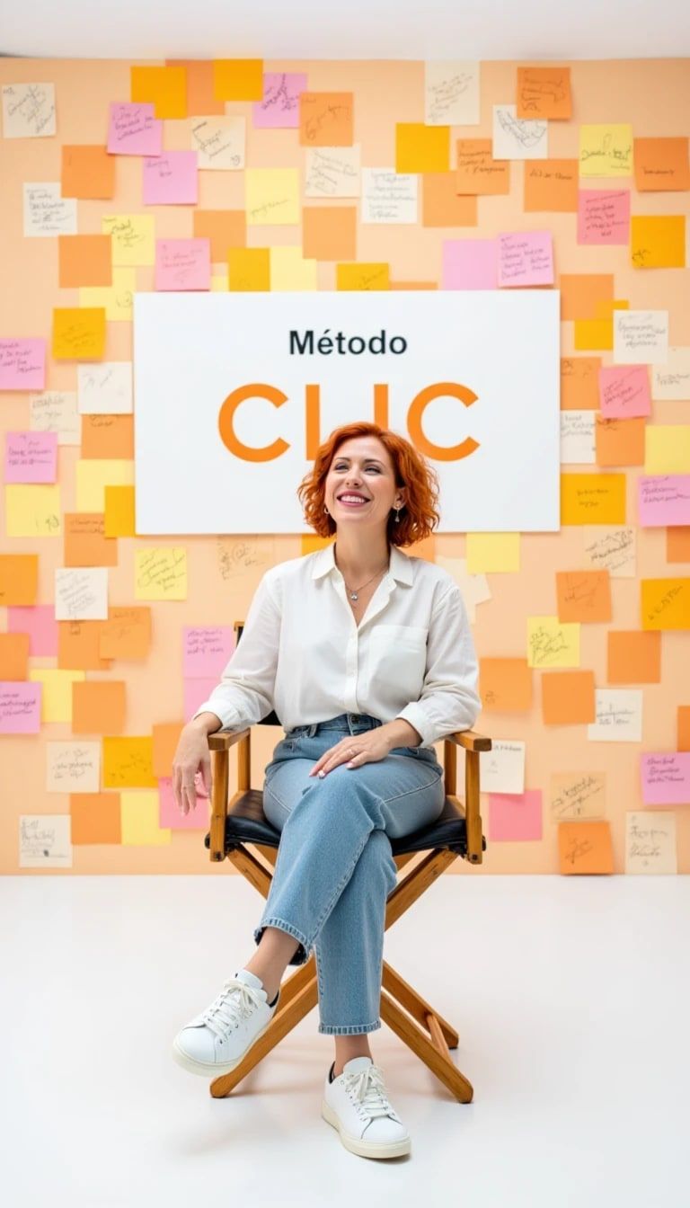 Cris sentada en una silla de director delante de una pared de pósits con el cartel Método CLIC