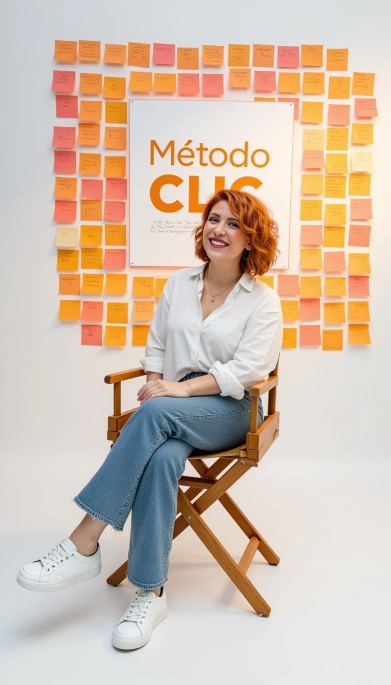 Cris delante de una pared de pósits con el cartel Método CLIC